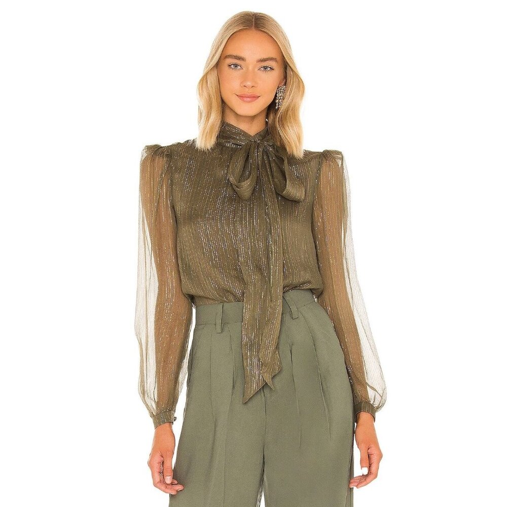 Saloni Tasmin Silk Tie Neck Blouse in Khaki Multi size 4